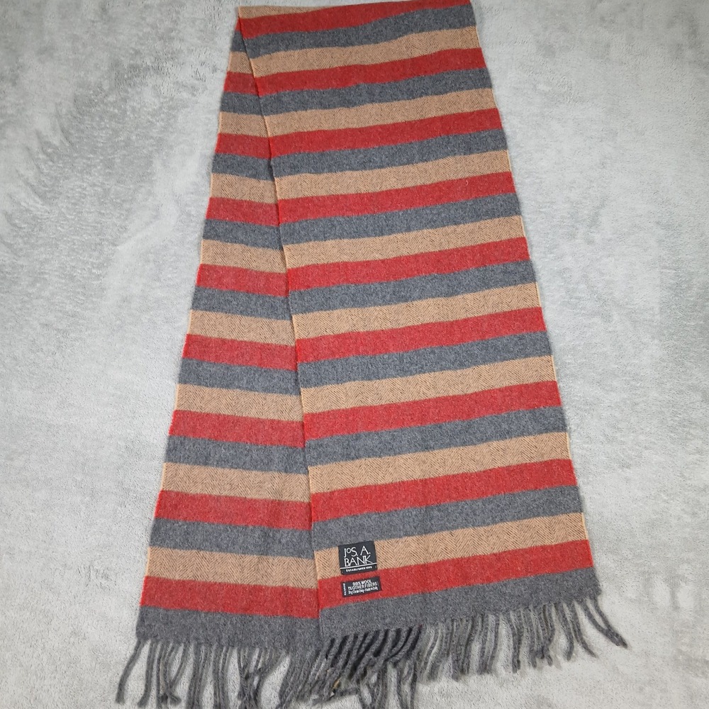 Jos. A. Bank Scarf Mens OS Striped Grey Orange Wool Italy Vintage